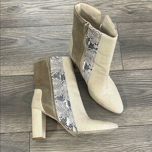 Matisse Cream and Gray Heeled Boots with Snakeskin Detail
